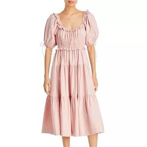 En Saison Poplin Cotton Midi Dress Puff Sleeves Tiered Shirred XS Boho Pink